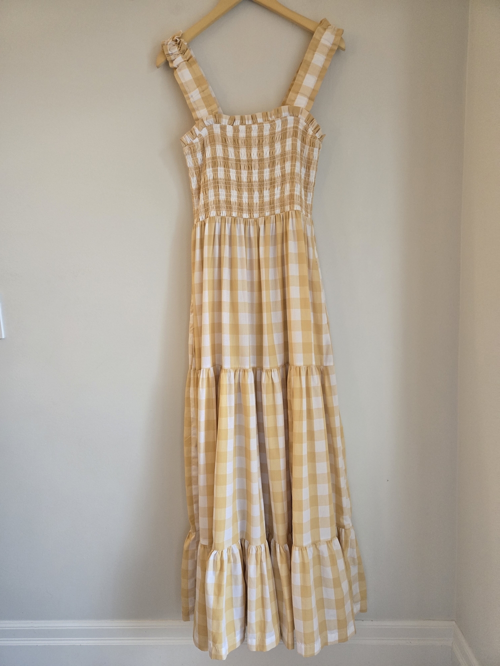 Abercrombie&Fitch 100% Cotton Gingham Smocked Tiered Maxi Dress Butter Yellow LT - Picture 4 of 16